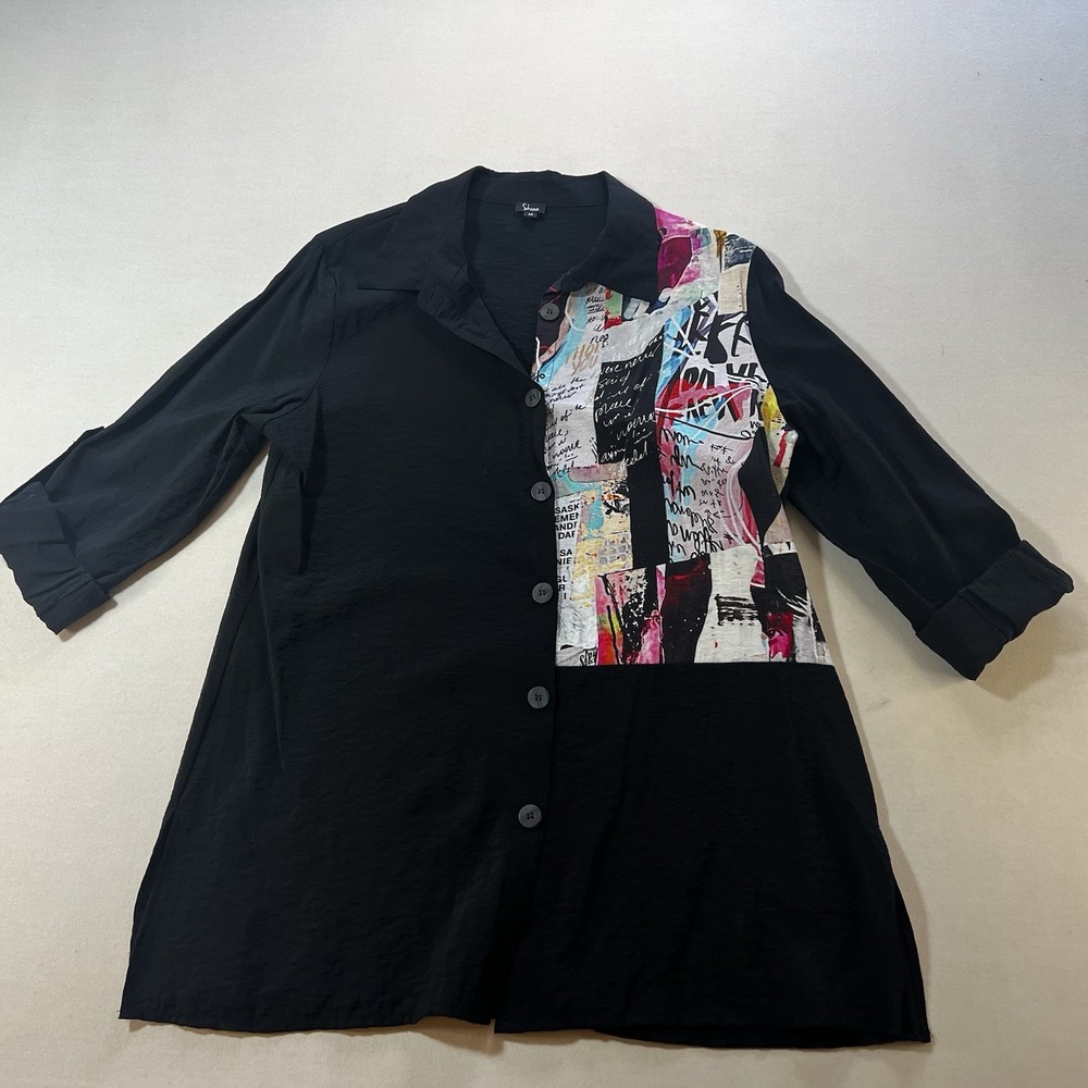 Shana Multicolor Tunic Shirt Blouse Size M collar Roll-up Sleeves Art To Wear